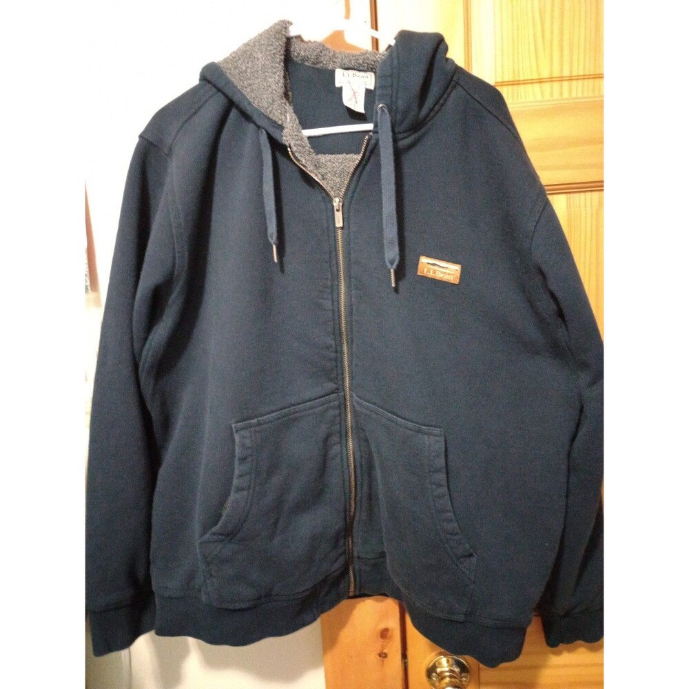 L.L. Bean Full Zip Hoodie Fleece Sherpa Lined Men's L Navy Blue Hooded 512273